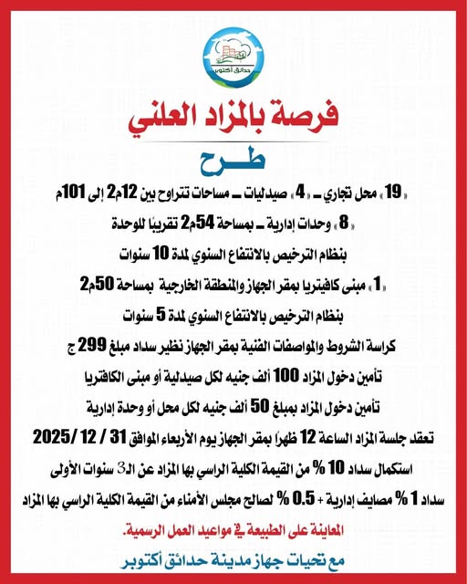 طرح 19 محلًا تجاريًا و4 صيدليات و8 وحدات إدارية وكافتيريا بالمزاد العلني